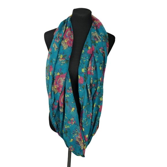 Womens Infinity Scarf Colorful Floral Flowers‎ Blue Pink Lightweight Wide - Picture 1 of 9